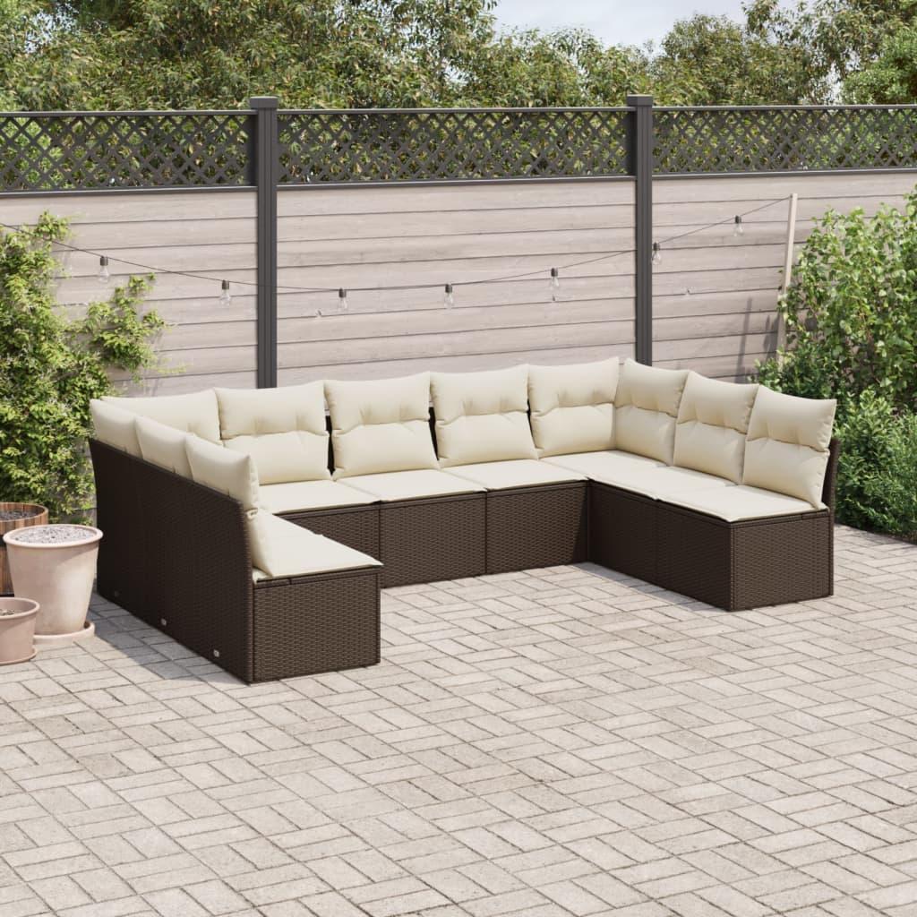 Sofasæt til haven i polyrattan - 9 dele med cremefarvede hynder, brun