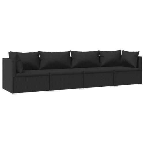 Haveloungesæt 4 dele med hynder polyrattan sort