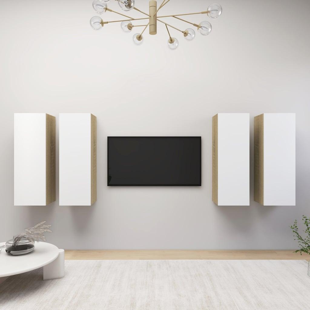 Tv-skabe 4 dele 30,5x30x90 cm konstrueret træ hvid og sonoma-eg