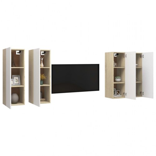 Tv-skabe 4 dele 30,5x30x90 cm konstrueret træ hvid og sonoma-eg