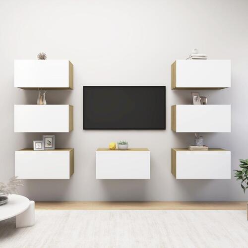 Tv-skabe 7 dele 30,5x30x60 cm konstrueret træ hvid og sonoma-eg