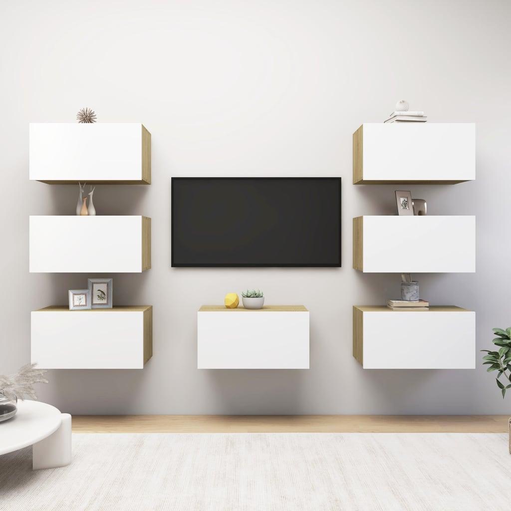 Tv-skabe 7 dele 30,5x30x60 cm konstrueret træ hvid og sonoma-eg