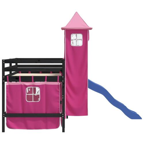 Højseng med tårn 90x190 cm massivt fyrretræ pink