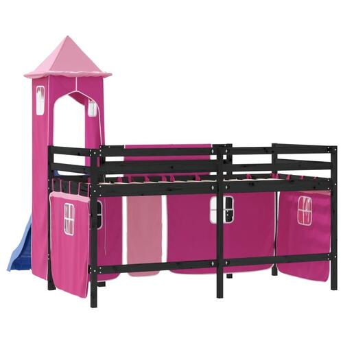 Højseng med tårn 90x190 cm massivt fyrretræ pink