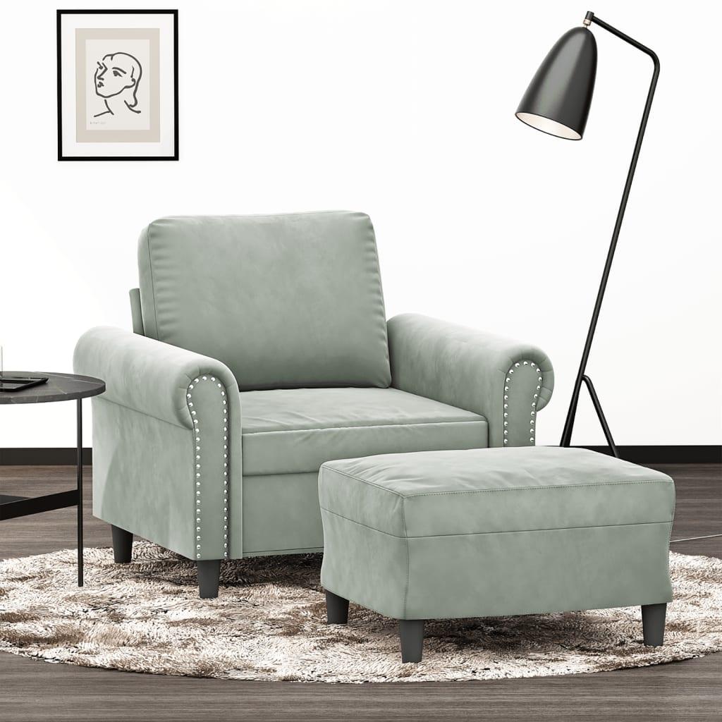 Sofastol med fodskammel 60 cm velour lysegrå
