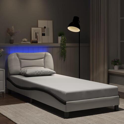 Sengeramme med LED-lys 90x190 cm kunstlæder hvid og sort
