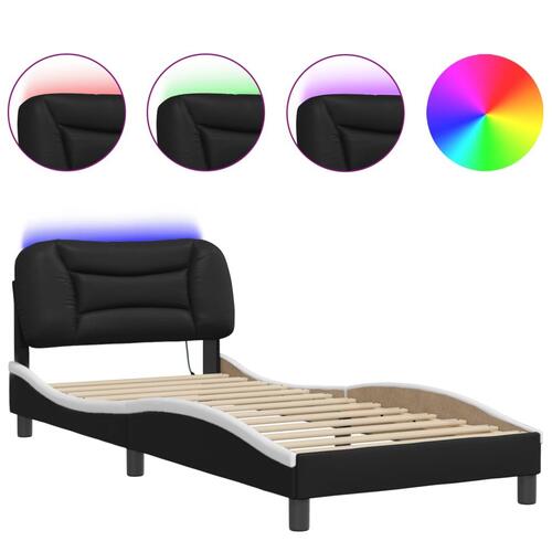 Sengeramme med LED-lys 90x200 cm kunstlæder sort og hvid