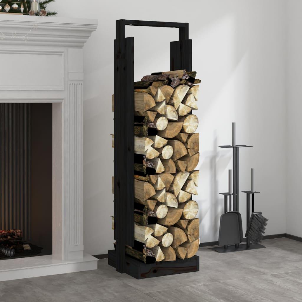 Brændestativ 33,5x30x110 cm massivt fyrretræ sort