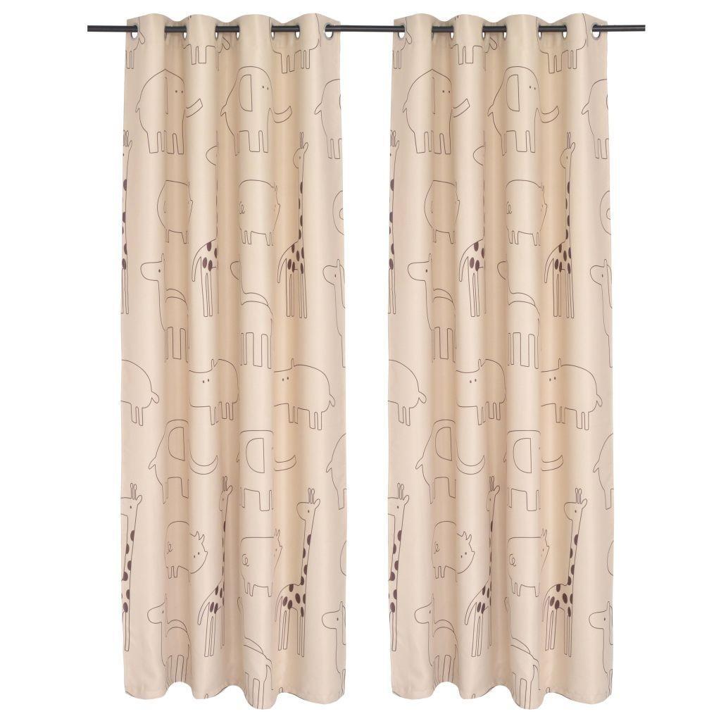 Lysdæmpende gardiner med print til børn 2 stk. 140 x 240 cm beige