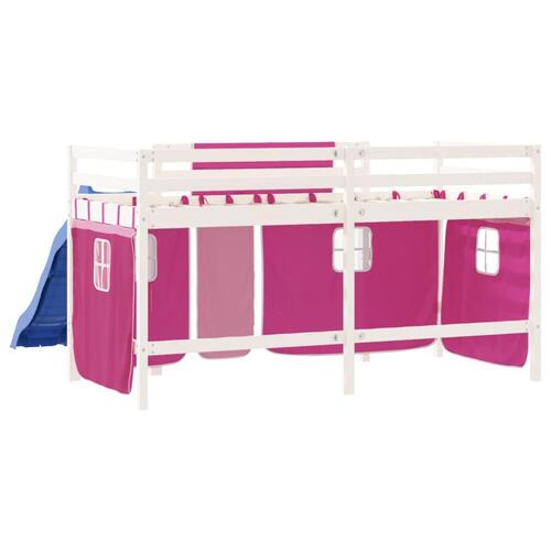Højseng med gardiner 90x190 cm massivt fyrretræ pink