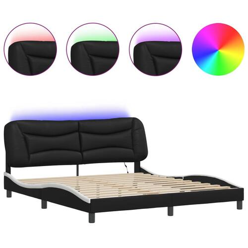 Sengeramme med LED-lys 180x200 cm kunstlæder sort og hvid