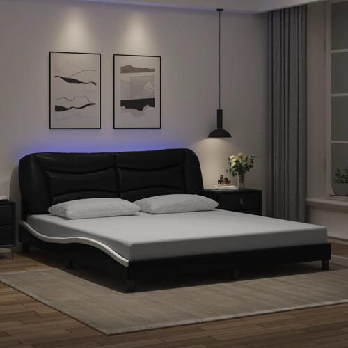 Sengeramme med LED-lys 180x200 cm kunstlæder sort og hvid