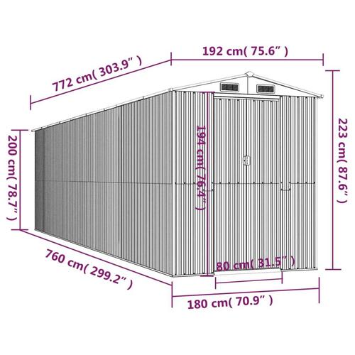 Haveskur 192x772x223 cm galvaniseret stål lysegrå