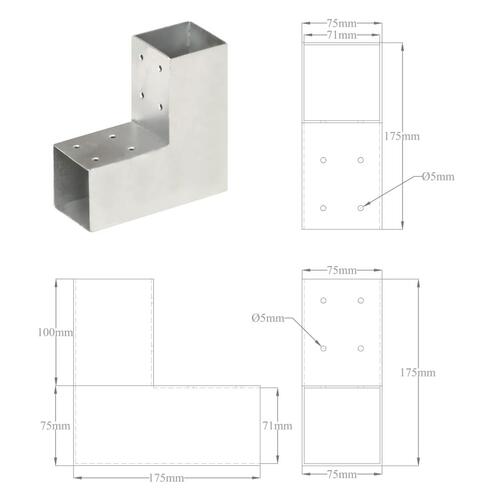 Stolpebeslag L-form 4 stk. 71x71 mm galvaniseret metal