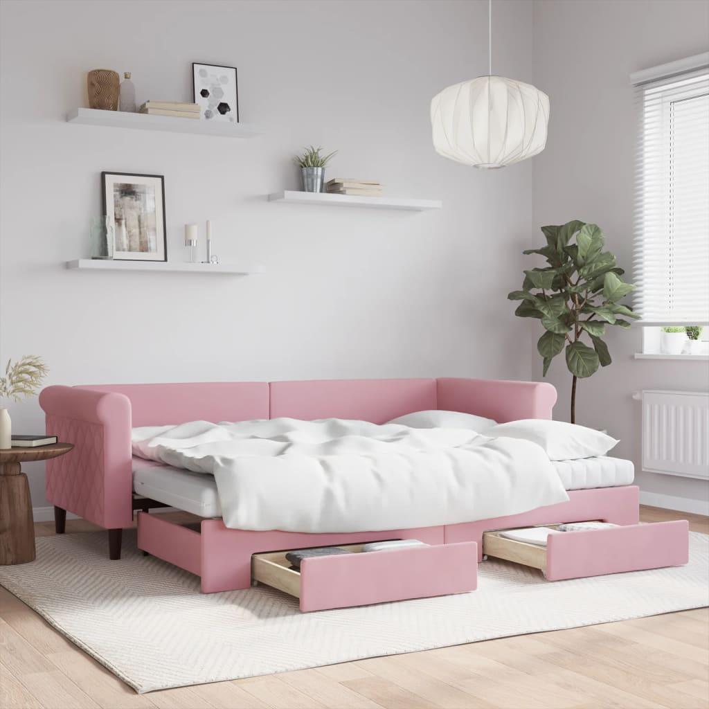 Daybed Velour Pink Lyserød - med udtræk og skuffe og madras / 80 x 200 cm