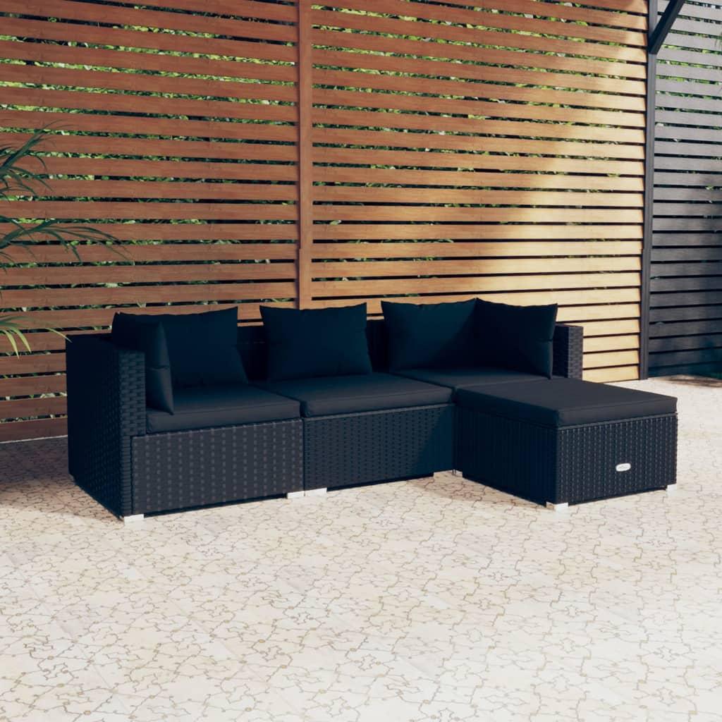 Loungesæt til haven 4 dele med hynder polyrattan sort