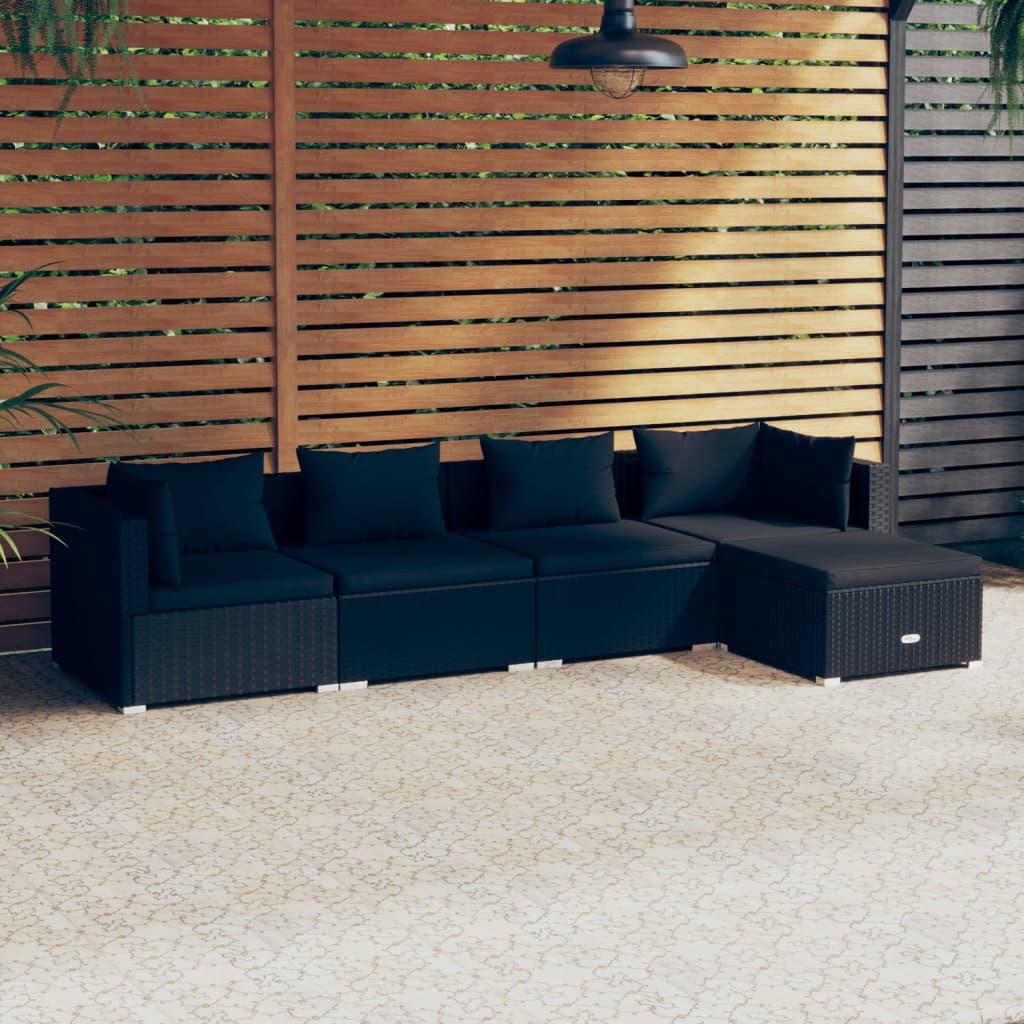 Loungesæt til haven 5 dele med hynder polyrattan sort