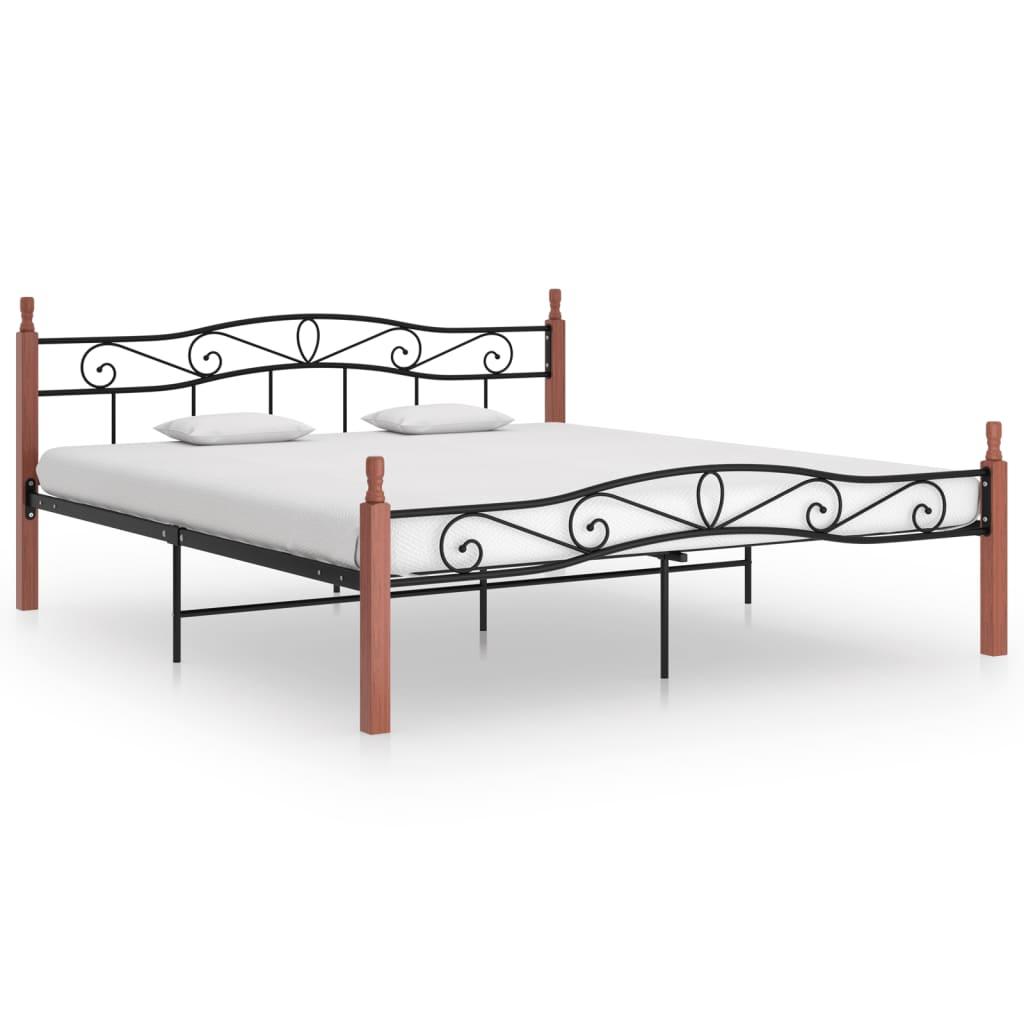 Sengeramme 200x200 cm metal og massivt egetræ sort