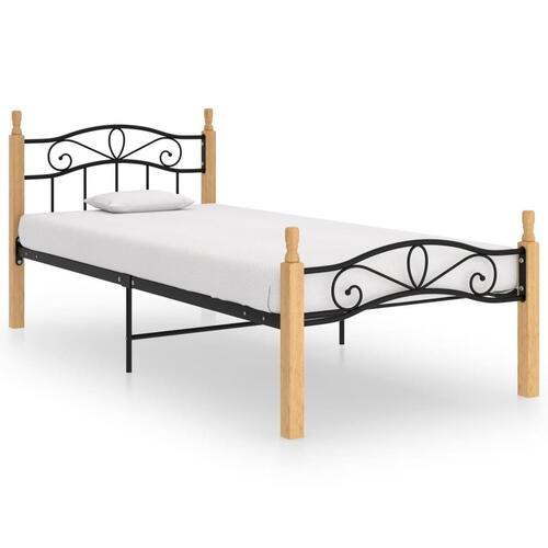 Sengeramme 90x200 cm metal og massivt egetræ sort