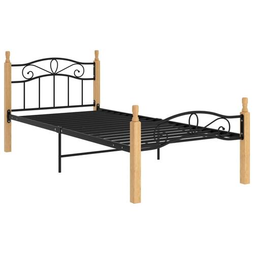 Sengeramme 90x200 cm metal og massivt egetræ sort