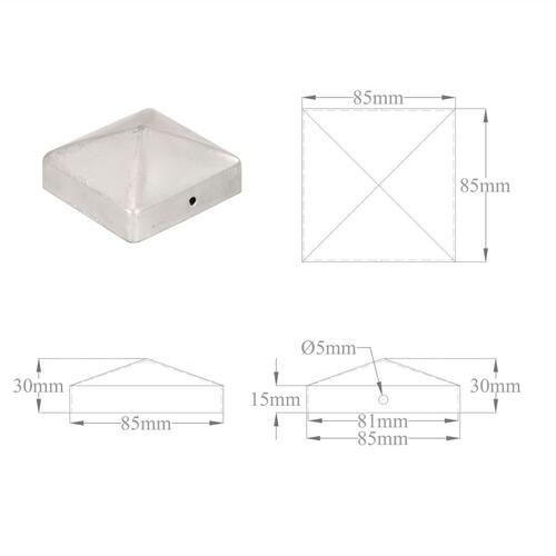 Pyramideformede stolpehætter 6 stk. 81x81 mm galvaniseret metal