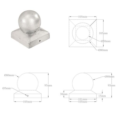 Globusformet stolpehætte 6 stk. 101x101 mm galvaniseret metal
