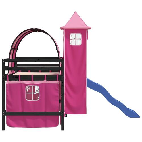Højseng med tårn 90x190 cm massivt fyrretræ pink