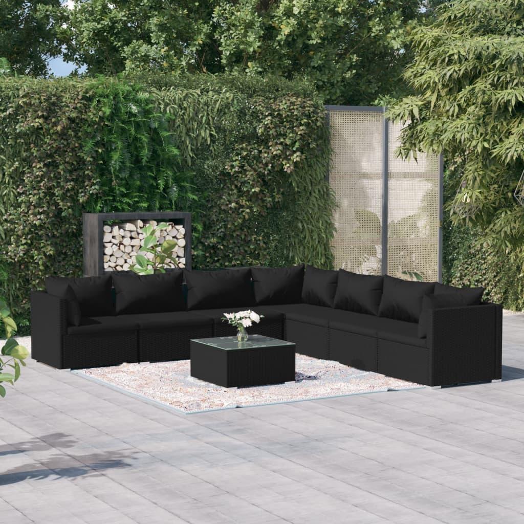 Loungesæt til haven 8 dele med hynder polyrattan sort