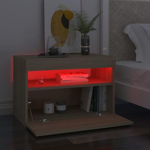 Sengebord med LED-lys 60x35x40 cm konstrueret træ sonoma-eg