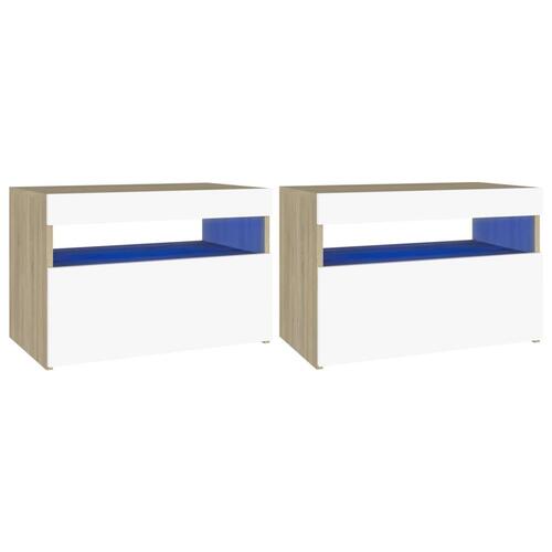 Sengebord med LED-lys 2 stk. 60x35x40 cm hvid og sonoma-eg