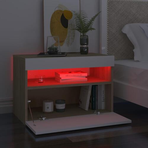 Sengebord med LED-lys 2 stk. 60x35x40 cm hvid og sonoma-eg