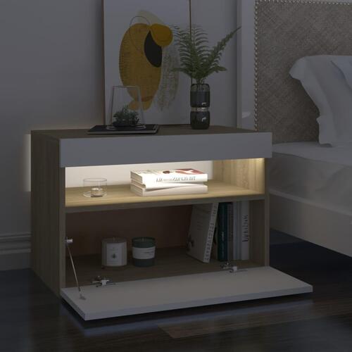 Sengebord med LED-lys 2 stk. 60x35x40 cm hvid og sonoma-eg