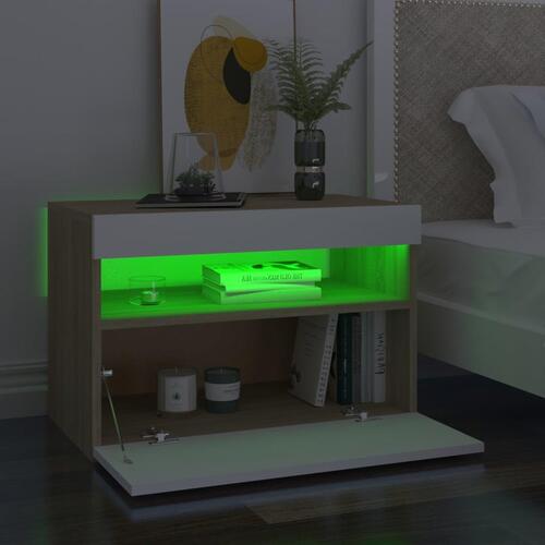 Sengebord med LED-lys 2 stk. 60x35x40 cm hvid og sonoma-eg
