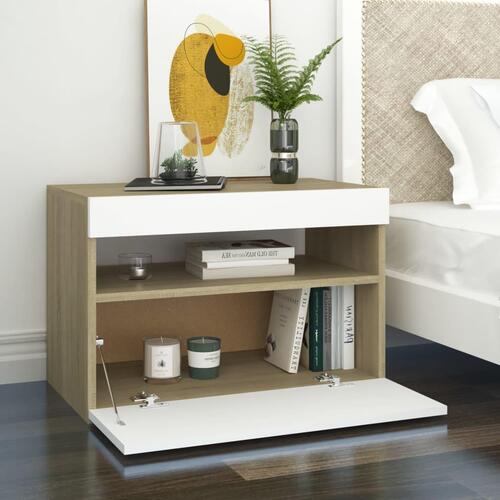 Sengebord med LED-lys 2 stk. 60x35x40 cm hvid og sonoma-eg