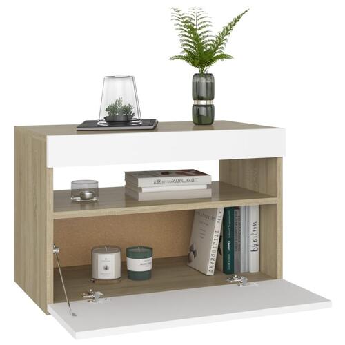 Sengebord med LED-lys 2 stk. 60x35x40 cm hvid og sonoma-eg