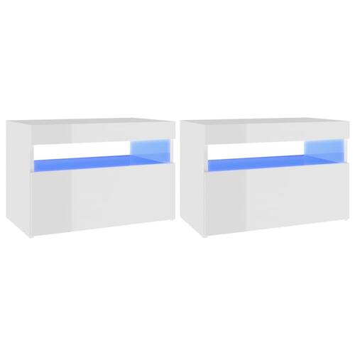 Sengebord med LED-lys 2 stk. 60x35x40 cm hvid højglans