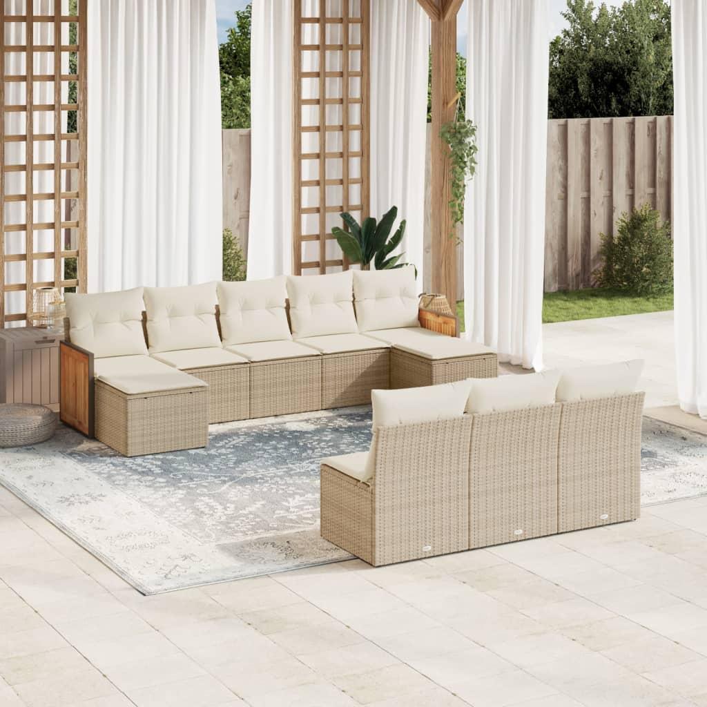Sofasæt til haven 10 dele med hynder i polyrattan beige