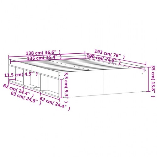 Sengeramme 135 x 190 cm - grå sonoma-eg med opbevaring