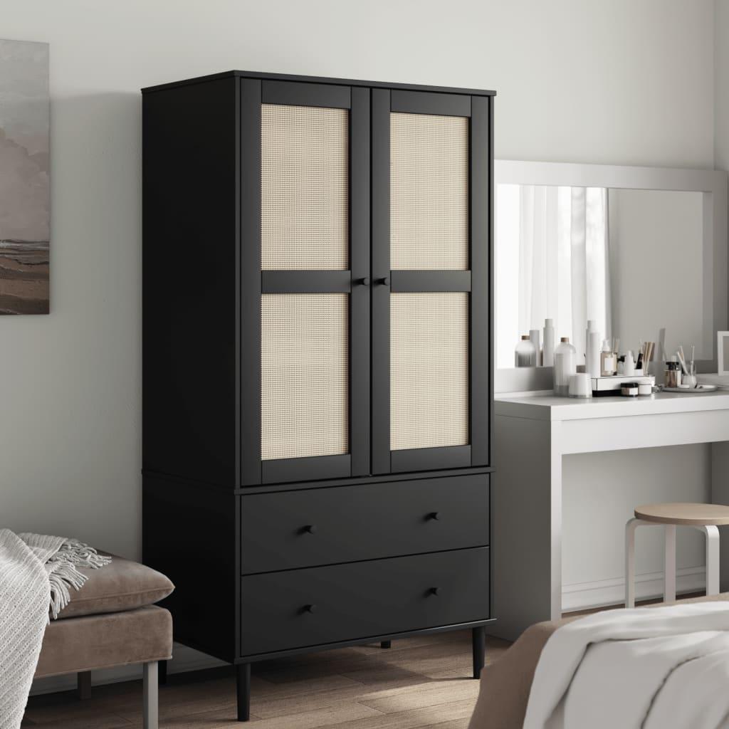 Klædeskab SENJA 90x55x175 cm rattan-look massivt fyrretræ sort billede