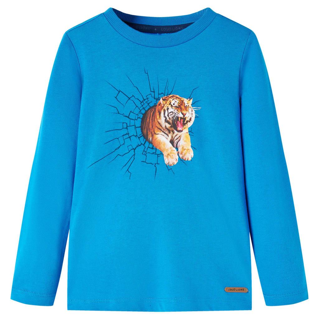 Langærmet T-shirt til børn str. 104 - koboltblå med tigerprint billede