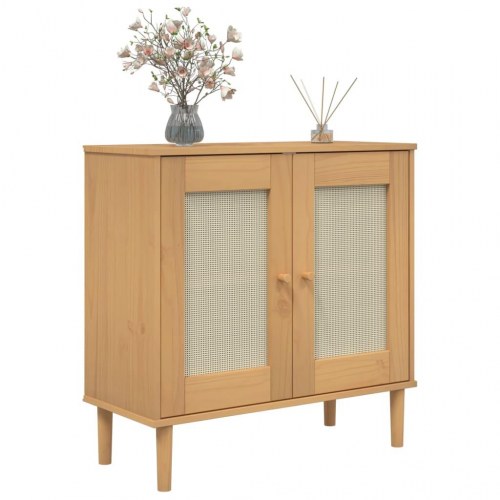 Skænk 80x35x80 cm i massivt fyrretræ - rattan-look, brun