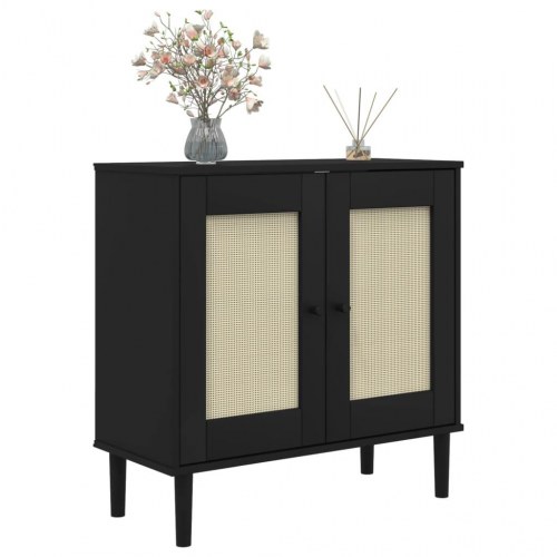 Skænk SENJA 80 x 35 x 80 cm i massivt fyrretræ med rattan-look - sort