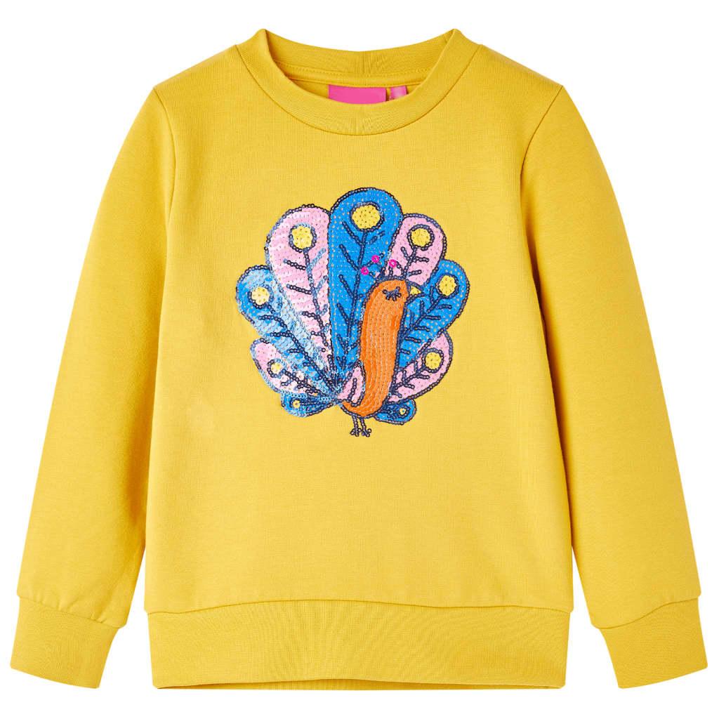 Sweatshirt til børn med påfugl af pailletter str. 128 - okkergul