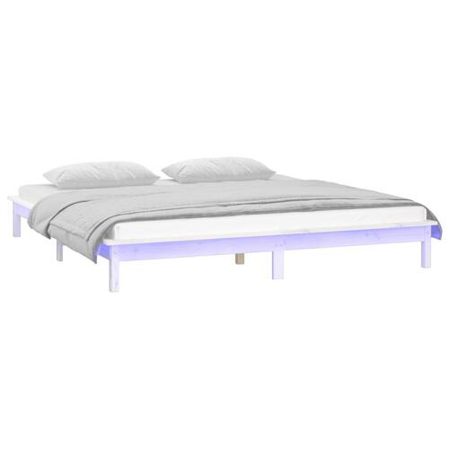Sengeramme med LED-lys 200x200 cm massivt træ hvid