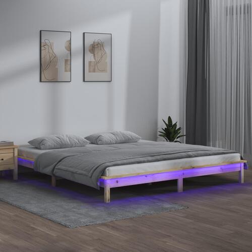 Sengeramme med LED-lys 150x200 cm kingsize massivt træ