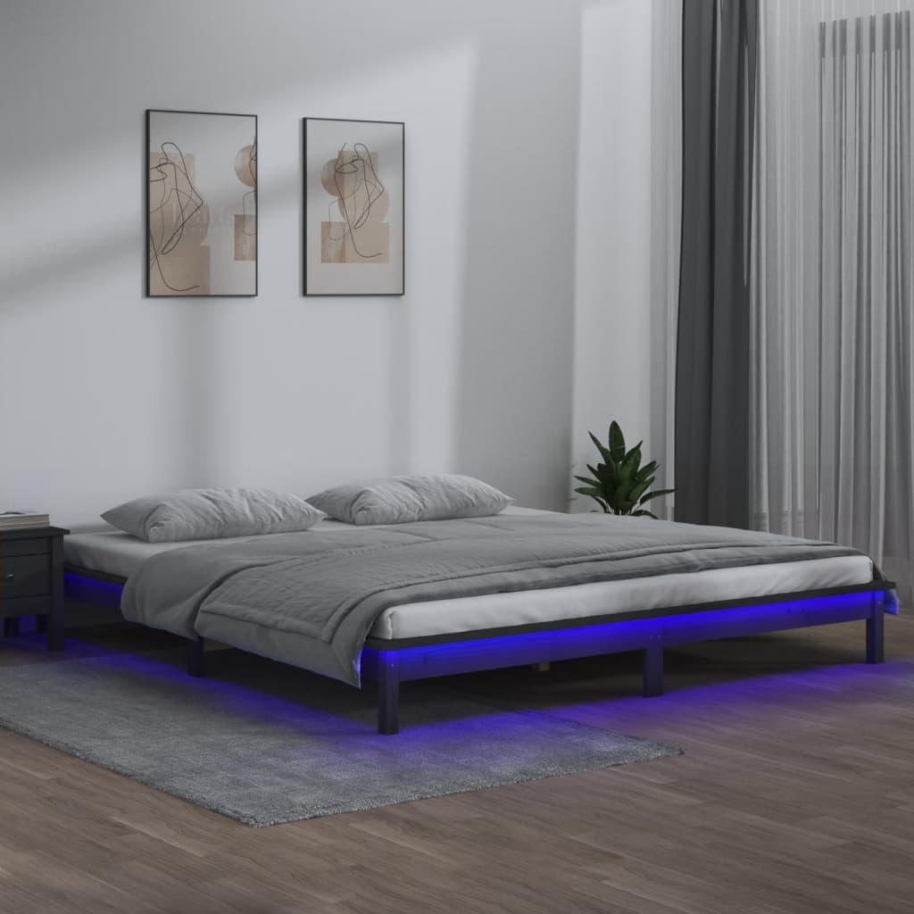 Sengeramme med LED-lys 200x200 cm massivt træ grå