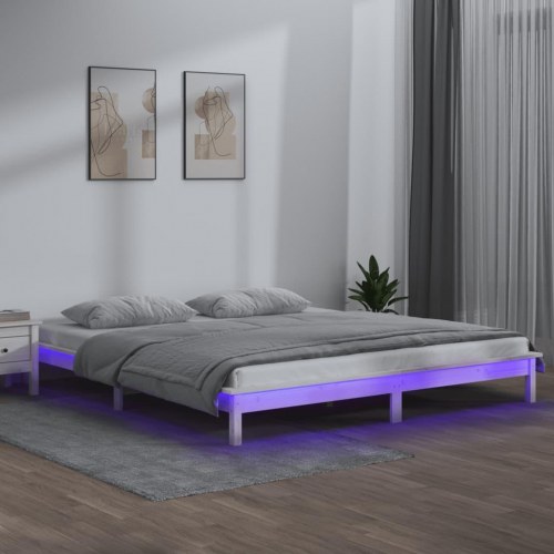 Sengeramme med LED-lys 150×200 cm - kingsize i massivt træ, hvid
