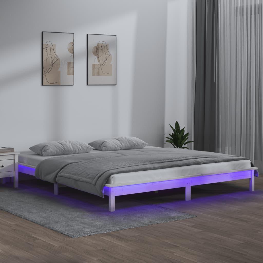 Sengeramme med LED-lys 150x200 cm kingsize massivt træ hvid billede