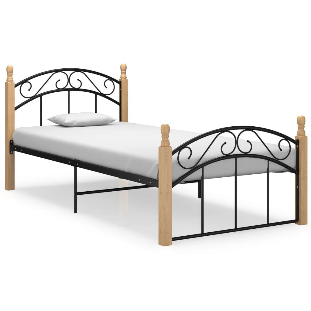 Sengeramme 100x200 cm metal og massivt egetræ sort