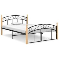 Sengeramme 140x200 cm metal og massivt egetræ sort